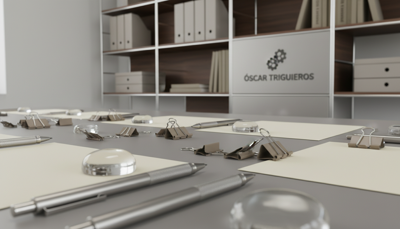 An array of sophisticated, high-quality stationary—brushed aluminum mechanical pencils, frosted glass paperweights, and minimalist, taupe binder clips—arranged with geometric precision atop a matte, ash-grey desktop. The environment is a modern educational office accented with a structured, modular shelving unit in the blurred background containing neutral file organizers. Soft, even studio lighting highlights the refined textures and muted tones, setting an atmosphere of calm professionalism and reliable support. The image is composed from a low, lateral angle with selective focus to draw the viewer’s eye across the elegant materials, reinforcing a sense of meticulous organization and dedicated service aligned with Óscar Trigueros' brand.