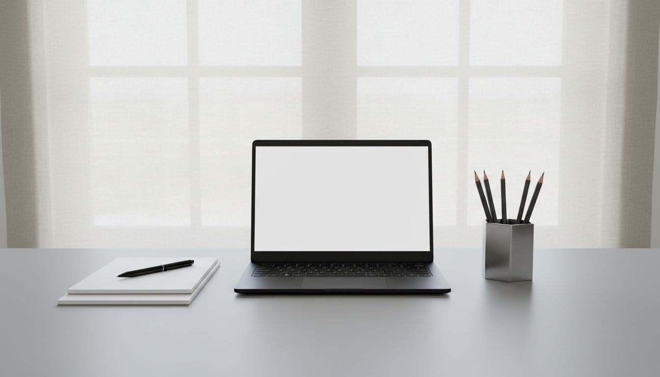 A meticulously organized workspace featuring a sleek, matte black laptop, freshly sharpened graphite pencils in a geometric metallic holder, and a stack of crisp, white notepads with subtle embossed lines. The setting is a modern, uncluttered office desk atop a smooth, light grey surface, framed by clean lines and positioned beneath a large window with neutral linen blinds. Soft, diffused daylight creates a balanced illumination, highlighting the sharp edges and smooth surfaces. The mood is professional and aspirational, conveying a sense of focus and clarity. Captured from a slightly elevated, eye-level angle with a centered composition and sharp focus throughout, the image exemplifies a photographic realism and corporate, minimalist aesthetic. Perfect for illustrating a highly organized and dedicated educational preparation space.