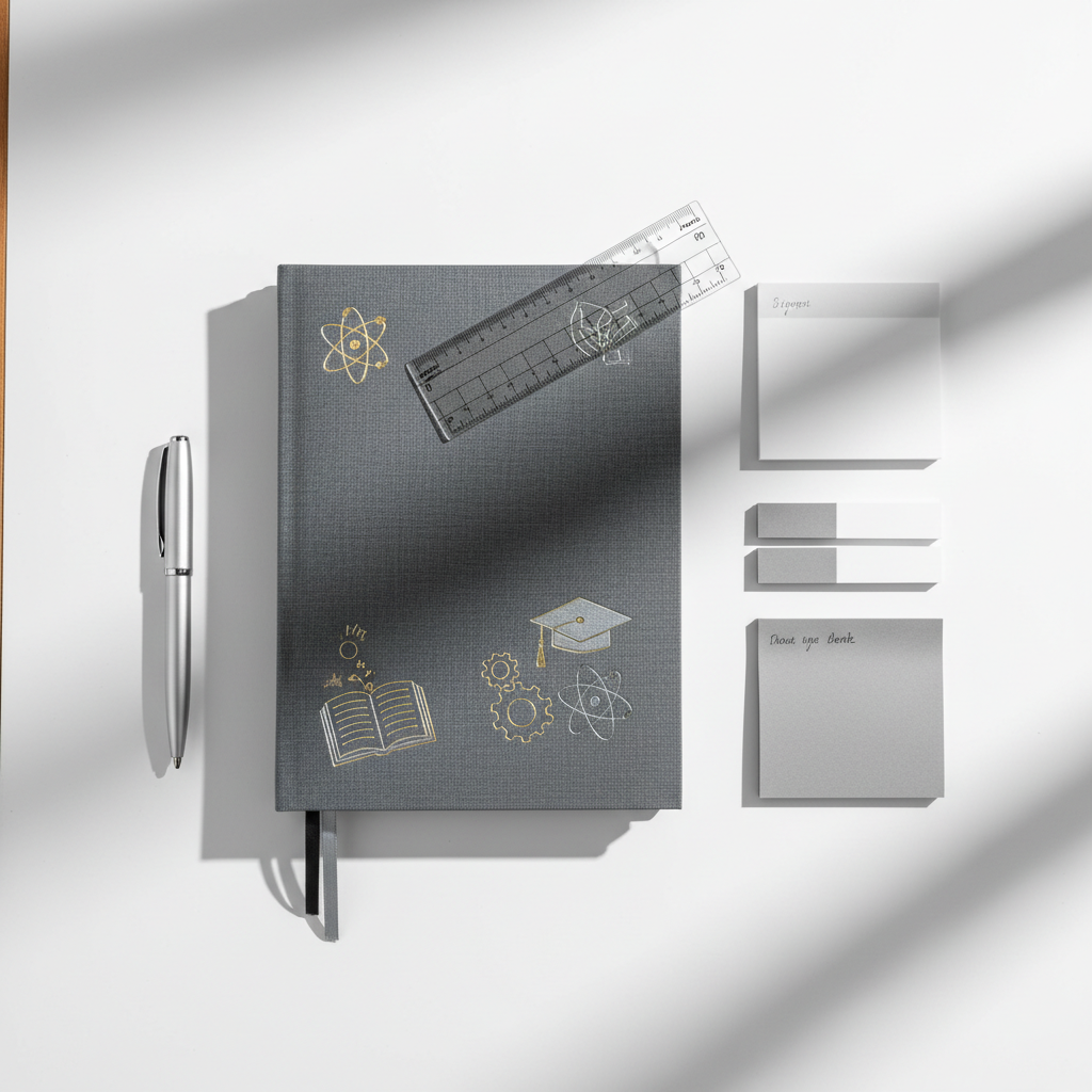 A close-up view of an elegant, hardcover study planner bound in textured slate-grey linen, its cover embossed with subtle metallic accents depicting educational motifs. Resting on an immaculate white office desk, the planner is flanked by a high-quality silver pen, with a balanced arrangement of monochrome sticky notes and a transparent acrylic ruler nearby. Soft studio lighting bathes the scene, producing gentle highlights on the metallic elements and casting soft, controlled shadows that add depth. The atmosphere is calm and orderly, evoking disciplined preparation and attention to detail. Captured from a top-down, bird’s eye perspective, the composition uses the rule of thirds and maintains a clean, modern, and photographic style, perfectly evoking the professionalism of an opposition exam preparer.